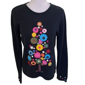 Susan Bristol Black with Multi-Color Embroidery, Button, and Appliqué  Sweater M